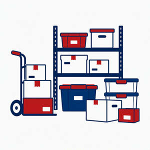 A blue and red cart with boxes on it.
